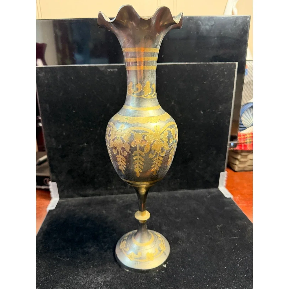Vintage Etched‎ Solid Brass Vase Made in India Ruffled Rim Floral Design 10 Inch